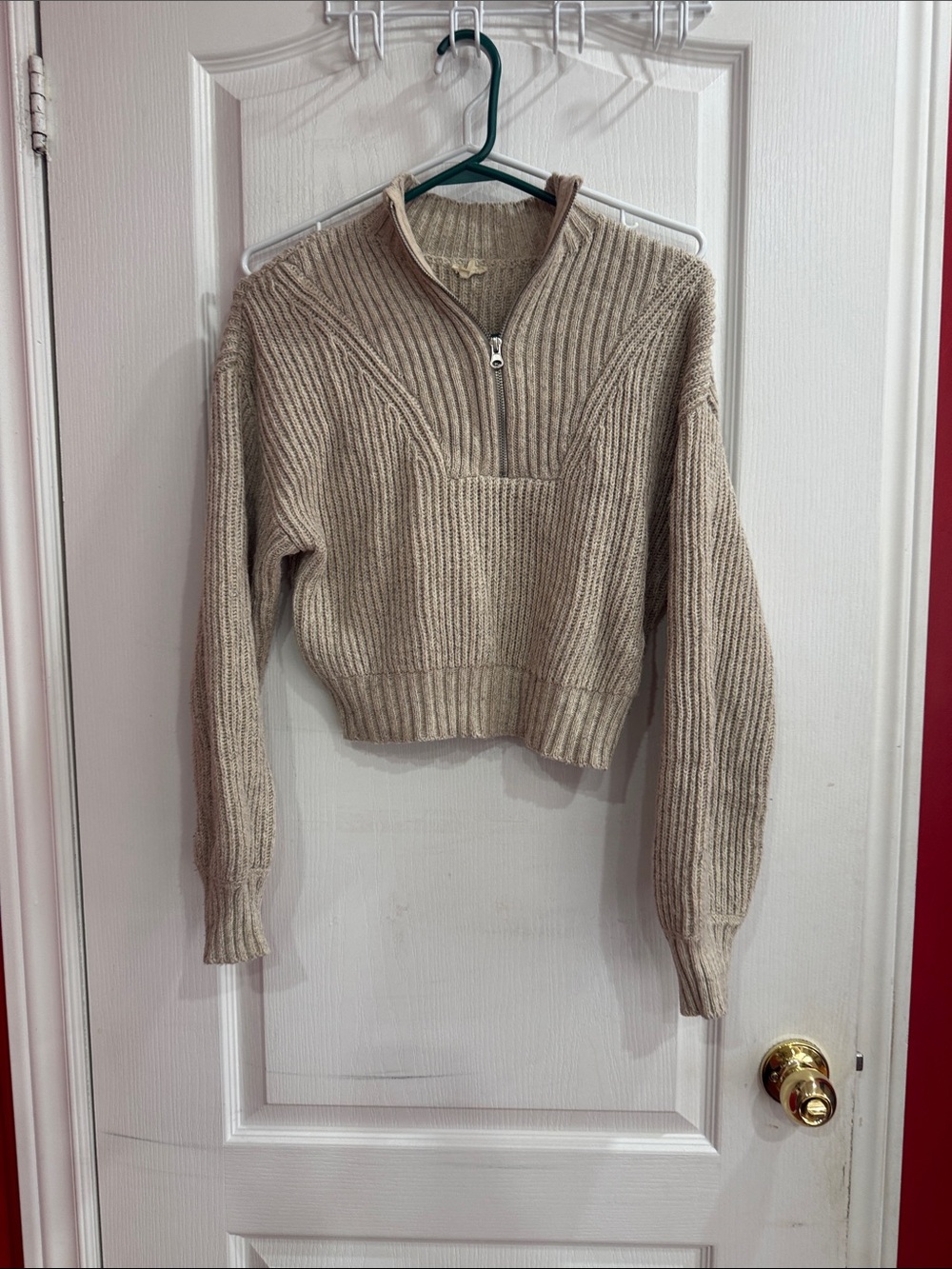 Garage Cropped Half-Zip Ribbed Sweater - Beige